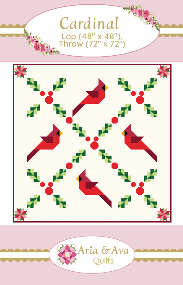 Cardinals quilt pattern with Aria & Ava design featuring red cardinal birds on fabric