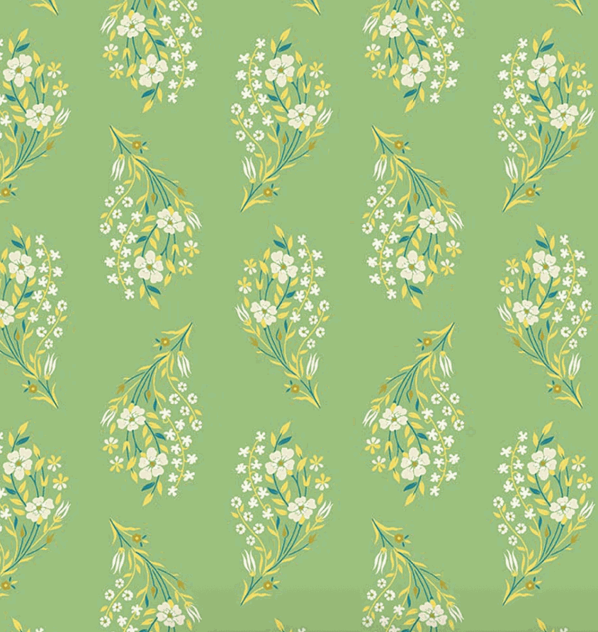 Peach Cobbler Daydream Green fabric by Lily Ashbury featuring wild blooms and homespun textures