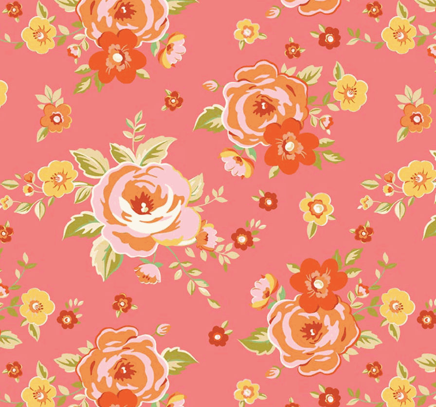 Peach Cobbler fabric pattern with wild blooms and homespun textures by Lily Ashbury for Riley Blake Designs
