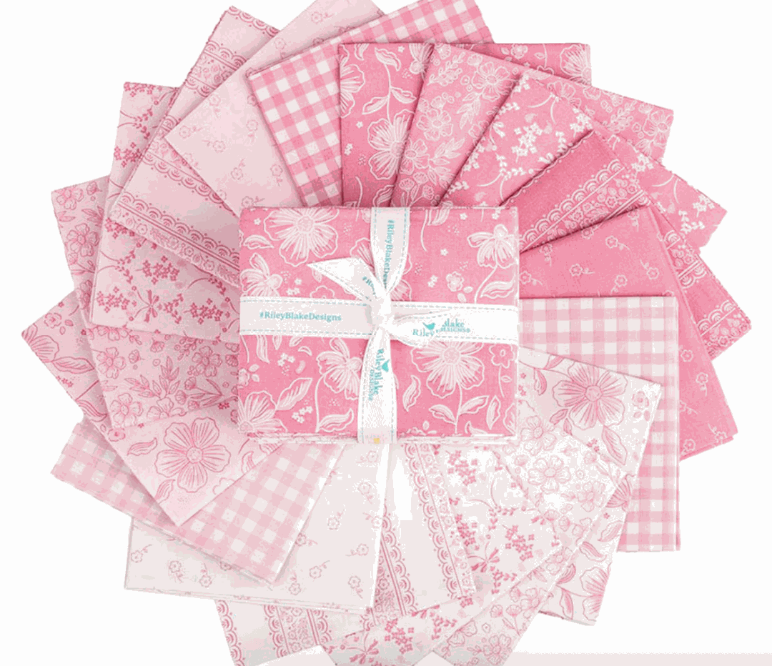 Sweet Pink fat quarter bundle with pink florals, bows, stripes, and gingham by My Mind's Eye for Riley Blake Designs