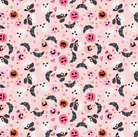 Not Scary Halloween fabric with playful ghosts and witches in pink by Jill & Rani for Poppie Cotton