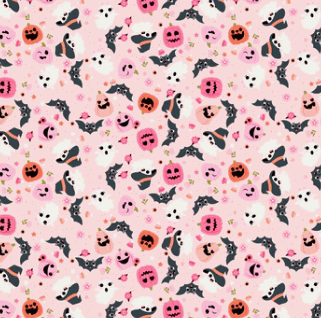 Not Scary Halloween fabric with playful ghosts and witches in pink by Jill & Rani for Poppie Cotton