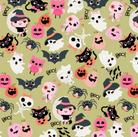 Not Scary Halloween fabric with friendly ghosts and bows in green by Jill & Rani for Poppie Cotton