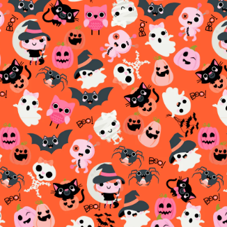 Not Scary Halloween fabric with playful orange bats and friendly spooky characters by Jill & Rani for Poppie Cotton