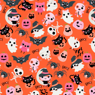 Not Scary fabric featuring playful orange boos with bows by Jill & Rani for Poppie Cotton