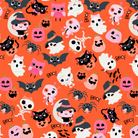 Not Scary fabric featuring playful orange boos with bows by Jill & Rani for Poppie Cotton