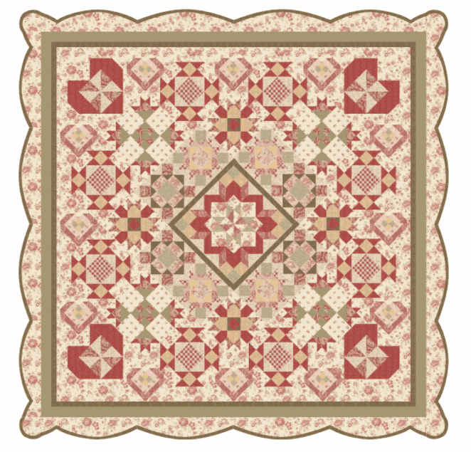 Love Letters BOM Quilt Kit with heart-shaped blocks and scalloped border by Dawn Heese
