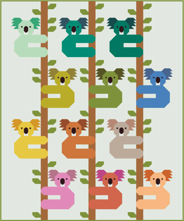 Koalas Quilt Kit by Elizabeth Hartman with Bella Solids fabric, 65x78 inches quilt top and binding materials