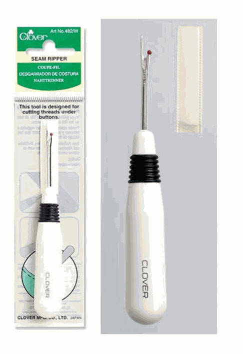 White plastic Clover Seam Ripper with slim metal tip for cutting threads and buttonholes