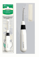White plastic Clover Seam Ripper with slim metal tip for cutting threads and buttonholes