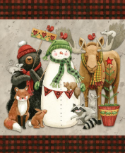 Northern Christmas panel with folk art forest animals and snowman in red, black, green, and neutral colors