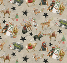 Northern Christmas fabric with snowmen, woodland animals, buffalo checks, and star-topped trees in red, black, green, and neutral colors