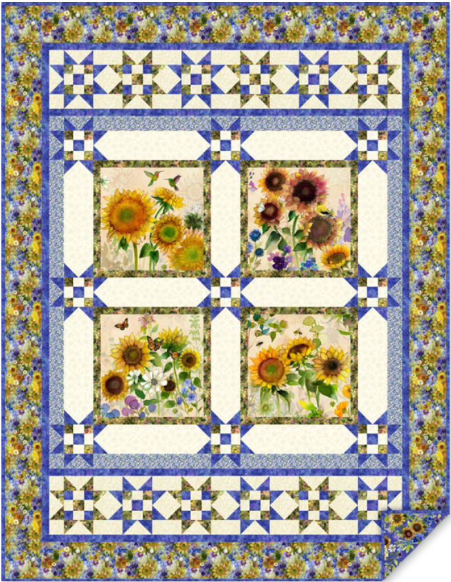 Sunflower Blooms Quilt Kit featuring Sunflower Song fabric by Sue Zipkin, 60x78 inch quilt top and binding pieces displayed
