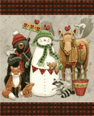 Northern Christmas panel with folk art snowmen, woodland animals, and Christmas trees in red, black, green, and neutral colors
