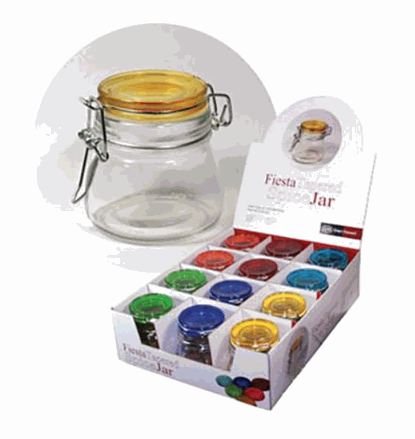 Clear Fiesta Tapered Round Jar 6oz with random colored top by Grant Howard for organizing small items or candy