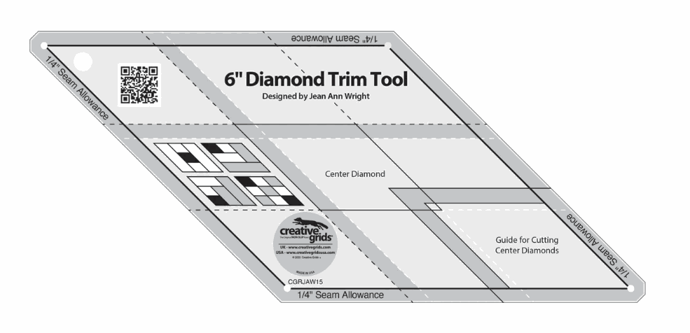 Creative Grids 6" Diamond Trim Tool for precise quilt diamond shaping with non-slip grip and clear markings