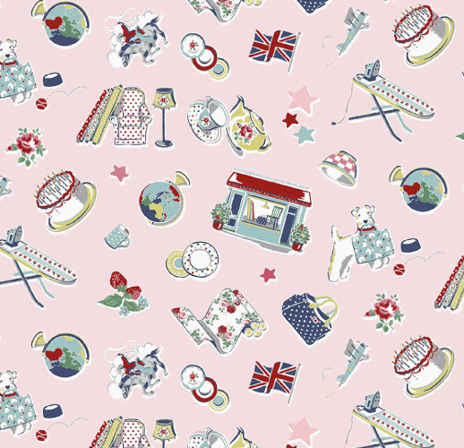Cath Kidston® Signature Collection pink floral fabric with British icons and strawberries by Riley Blake Designs