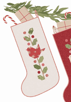Winter Birds Christmas Stocking in four colorways with bird and holly patchwork from TILDA's Merry Little Christmas collection
