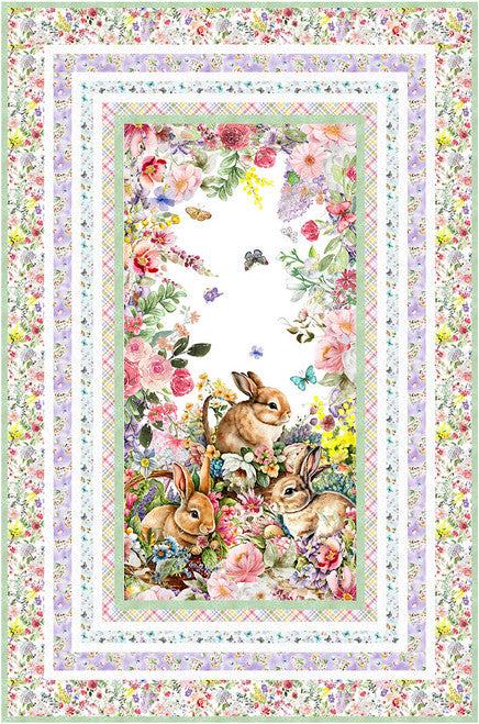 Spring Surprise Wall Hanging Quilt Kit with basket, spring flowers, and bunny motifs by Catherine Bartolli