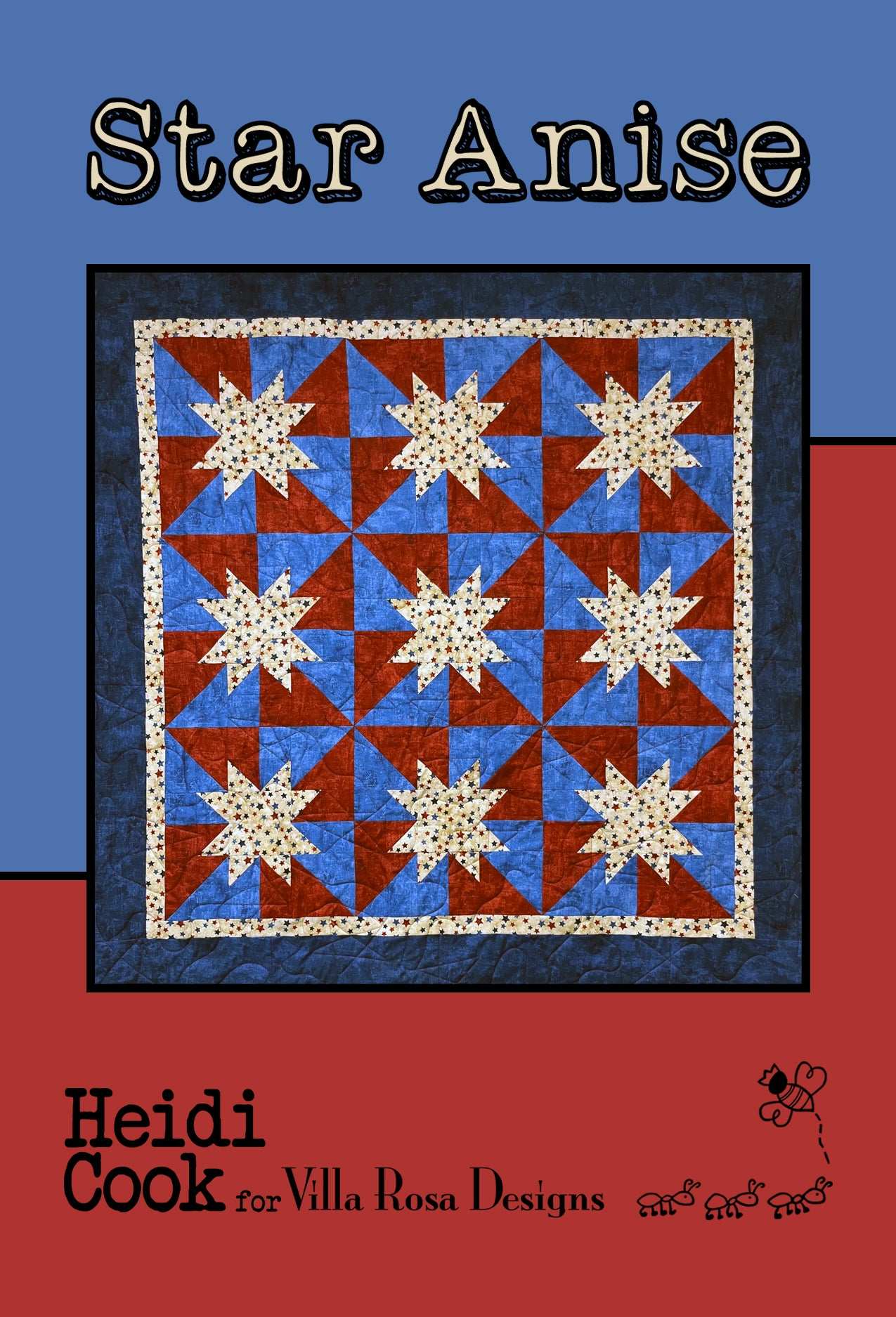 Star Anise Pattern quilt design by Villa Rosa Designs featuring star-shaped blocks in red, blue, and cream colors