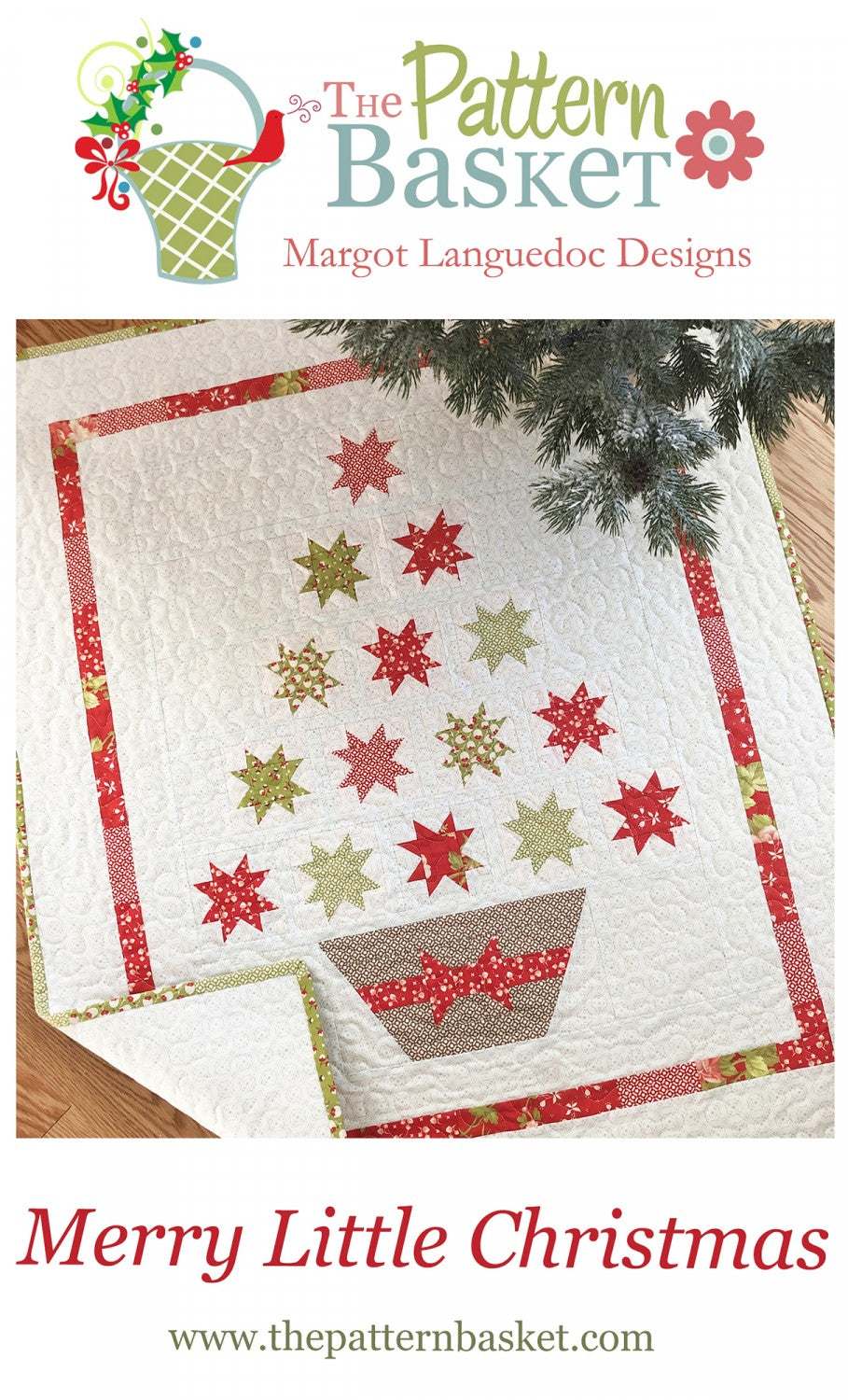 Merry Little Christmas quilt wall hanging with red and green star patterns by The Pattern Basket