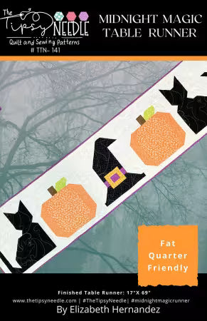 Midnight Magic Pattern table runner with Halloween pumpkins and witches hats design by Elizabeth Hernandez