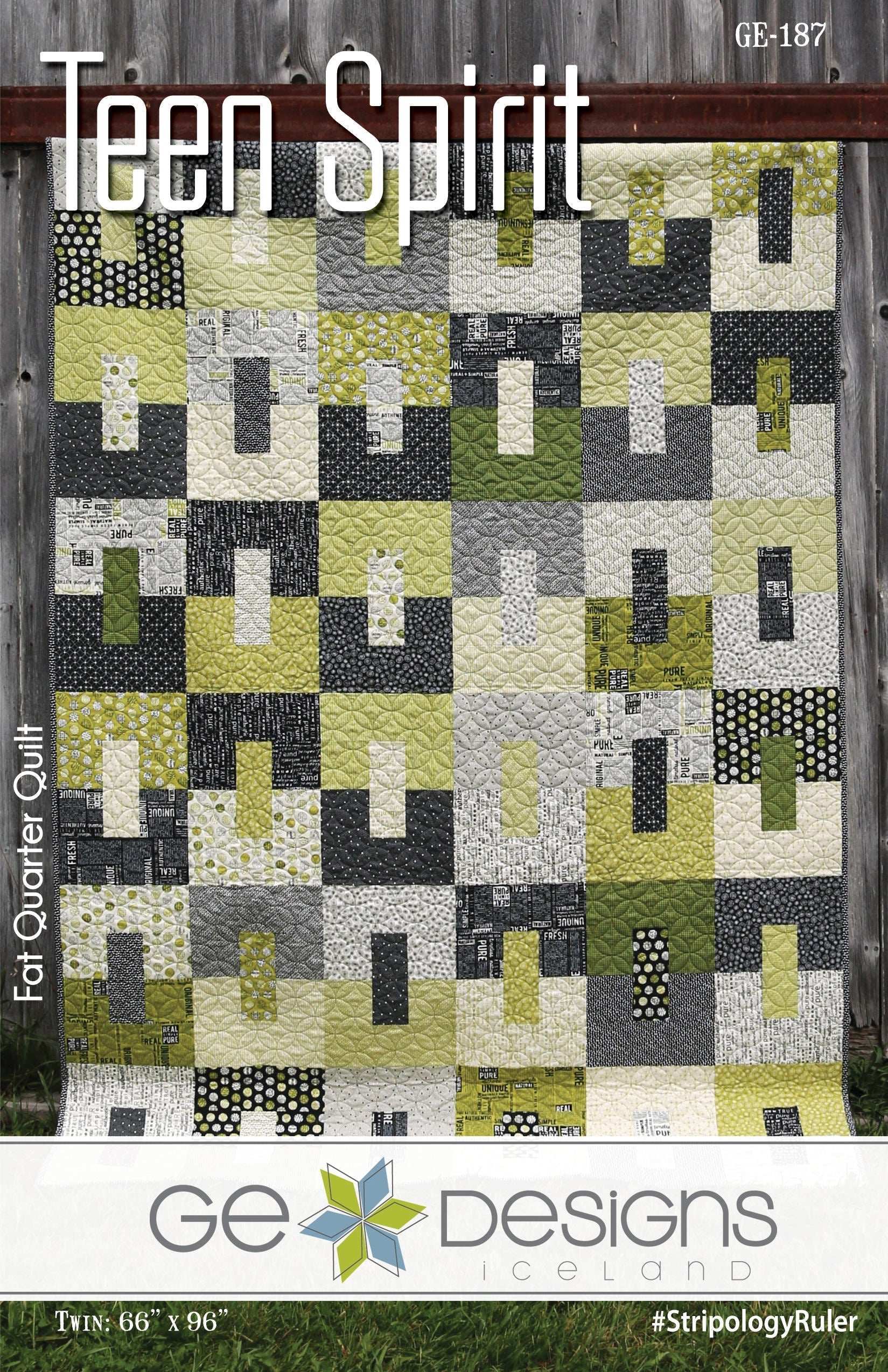 Teen Spirit Pattern 187 quilt made with fat quarters, featuring 6 size options and Stripology ruler for fast cutting