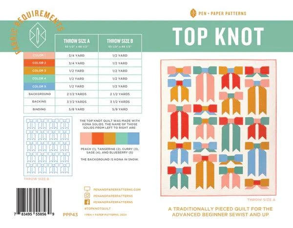 Top Knot Pattern quilt design with colorful bow blocks by Lindsey Neill, printed pattern 53.5" x 65.5"
