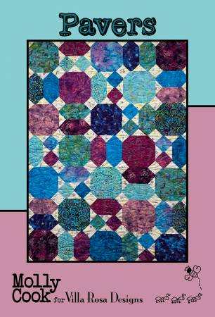 Colorful quilt pattern card titled Pavers by Villa Rosa Designs with geometric shapes in blue, purple, and green tones