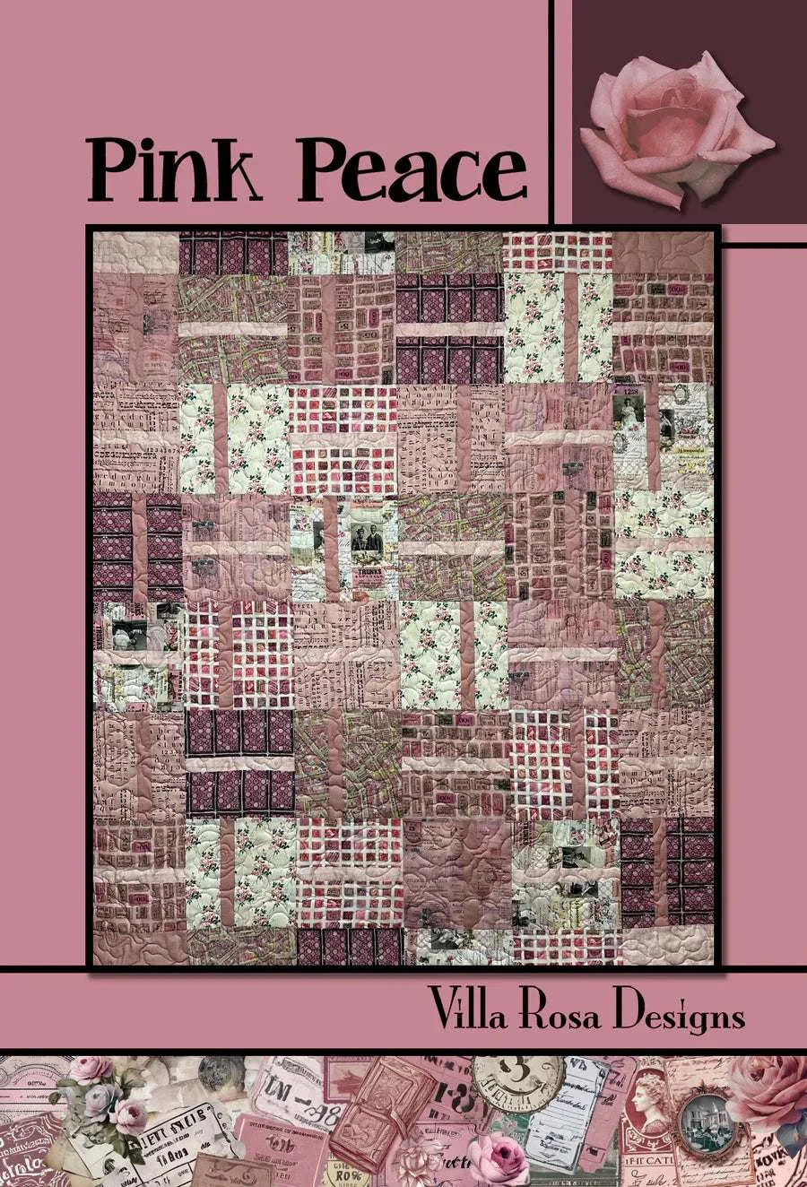 Villa Rosa Designs Pink Peace quilt pattern 48x55 with pink patchwork blocks and floral prints
