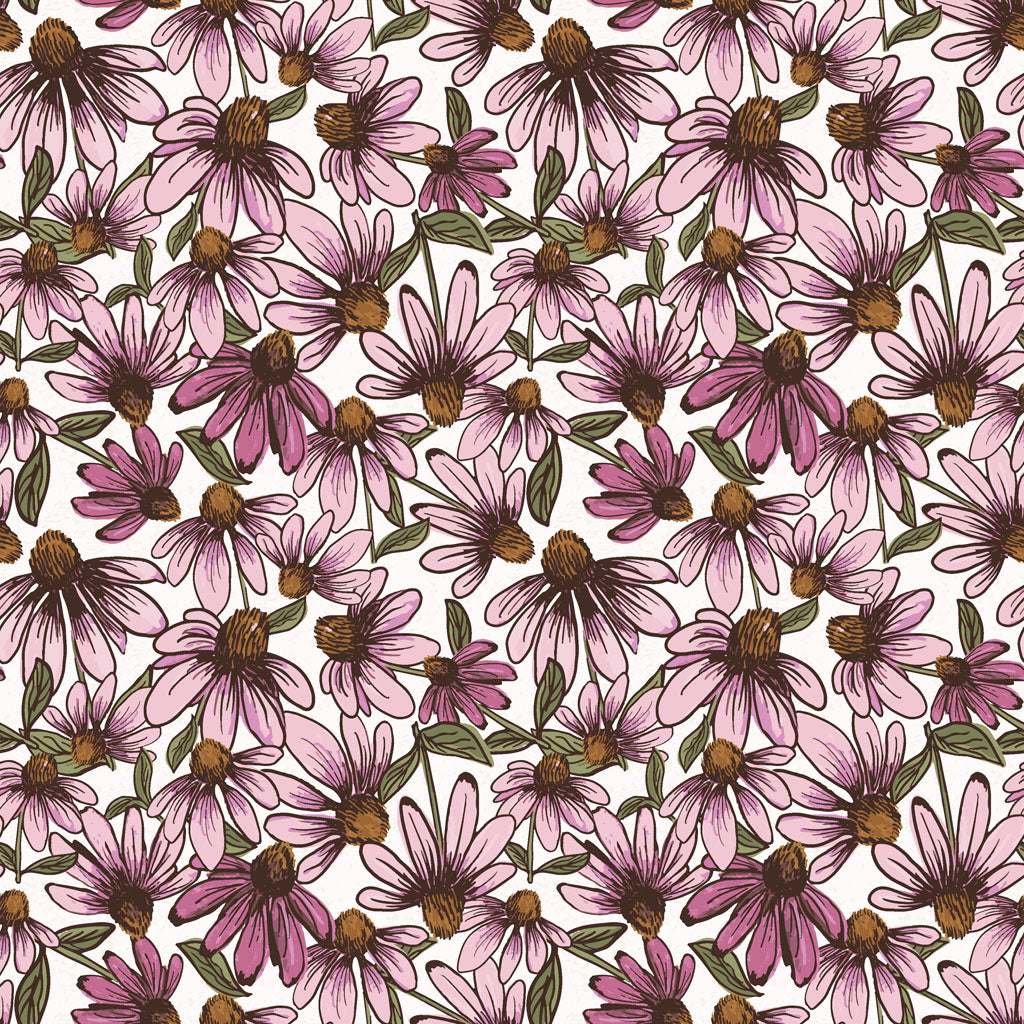 Coneflower Corral Echinacea White fabric with pink coneflowers and green leaves by Teresa Magnuson
