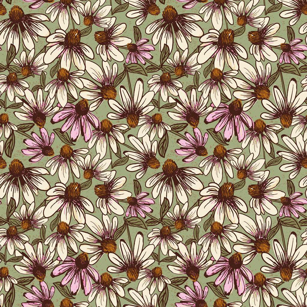 Coneflower Corral fabric with purple and white echinacea flowers on olive background by Teresa Magnuson