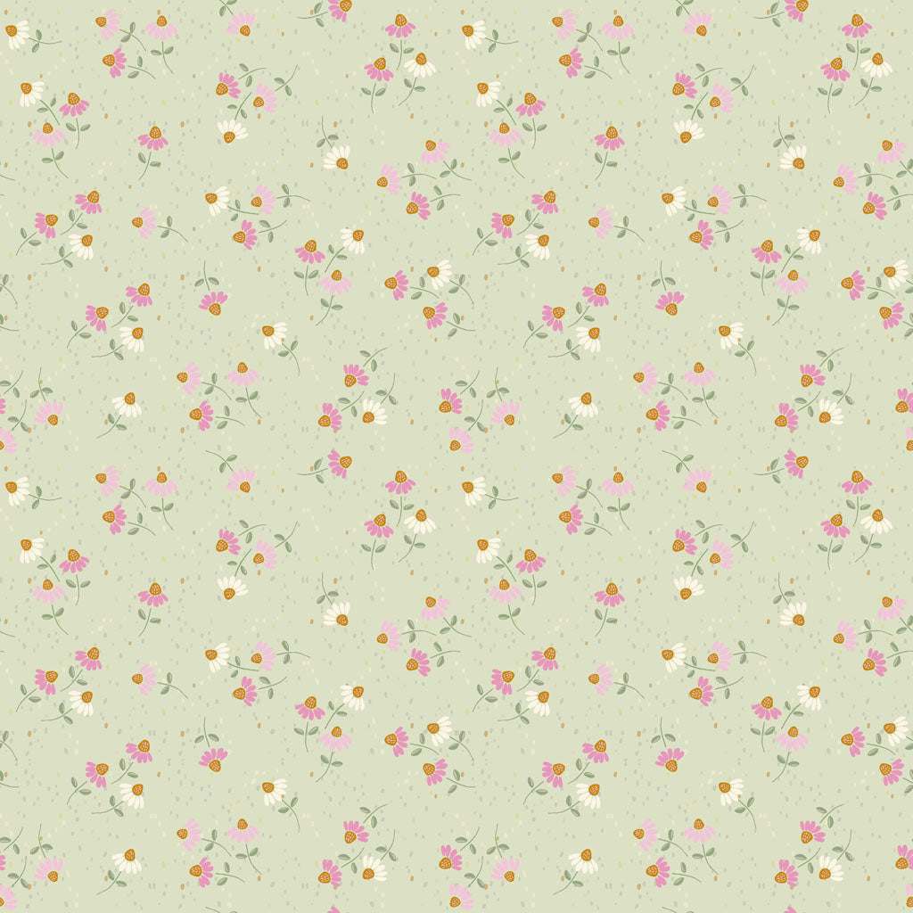 Coneflower Corral ditsy floral fabric light olive with pink and white flowers by Teresa Magnuson