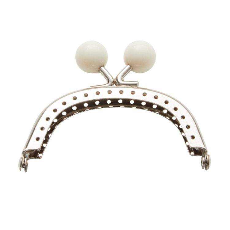 White bauble sew-in clasp with silver metal frame and round white baubles for purse making