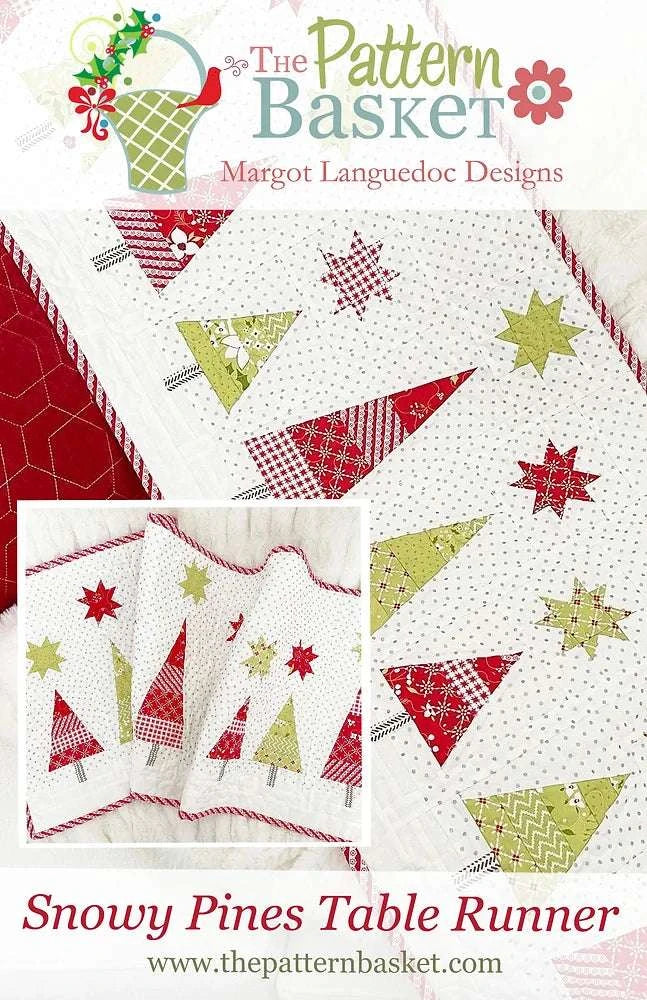 Snowy Pines Table Runner Pattern by Margot Languedoc featuring festive red and green trees and stars design