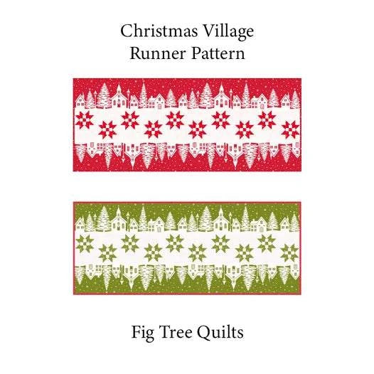 Christmas Village Runner quilt pattern with red and green village border designs by Fig Tree Quilts