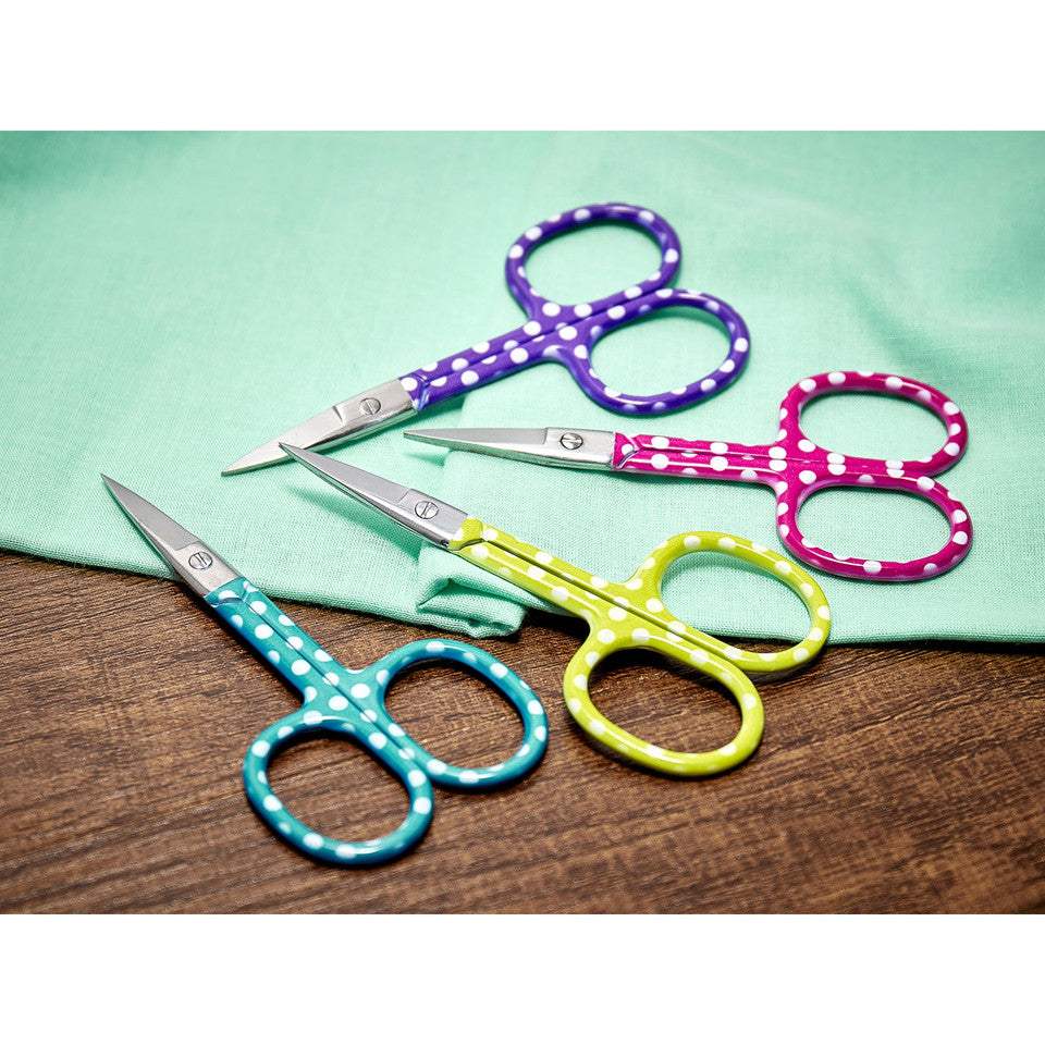 3-1/2 inch embroidery scissors with sharp pointed tip and polka dot handles in assorted colors