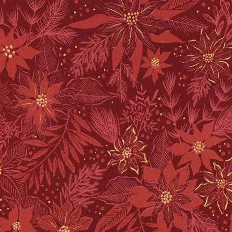 Old World Yuletide poinsettia mix crimson fabric with gold shimmer by Fancy That Design House for Moda Fabrics