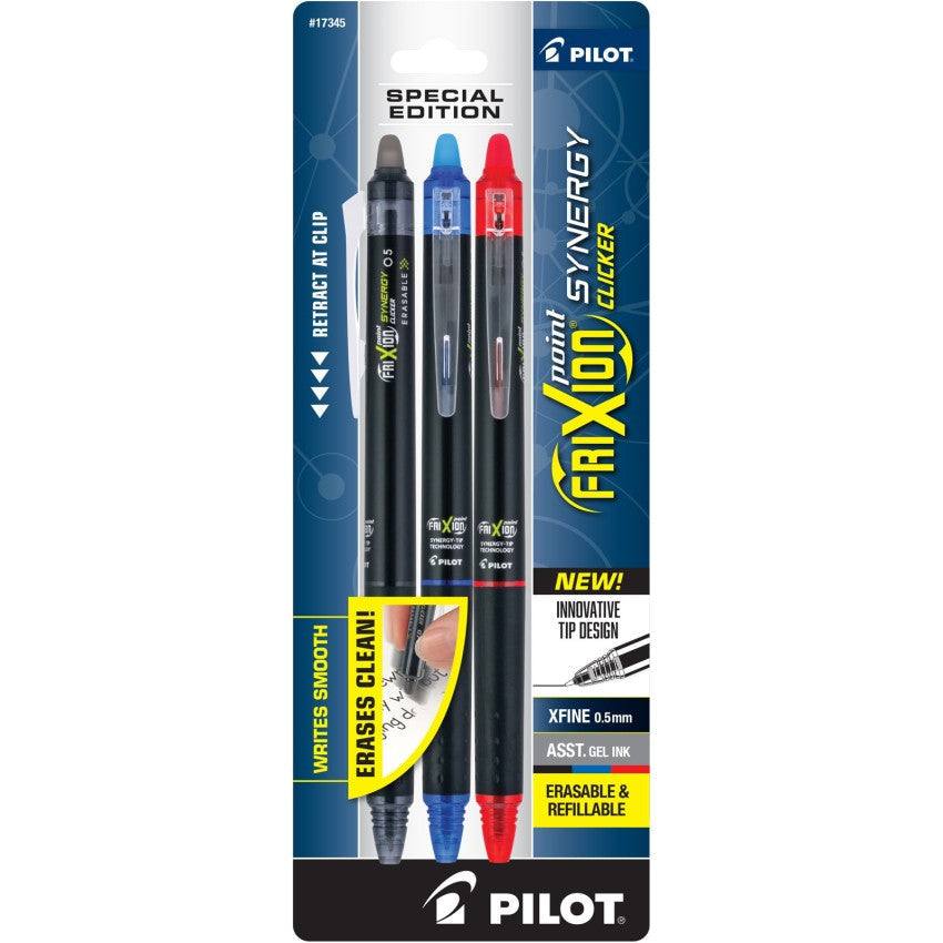 FriXion Point Synergy Clicker Pen pack with black, blue, and red erasable extra fine gel ink pens