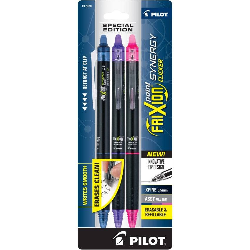 FriXion Point Synergy Clicker Pen pack with navy, purple, and pink extra fine erasable gel pens by Pilot
