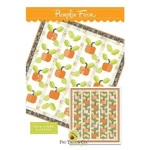 Pumpkin Farm Quilt Pattern by Fig Tree & Co featuring orange pumpkin and green leaf designs in cream and taupe color options
