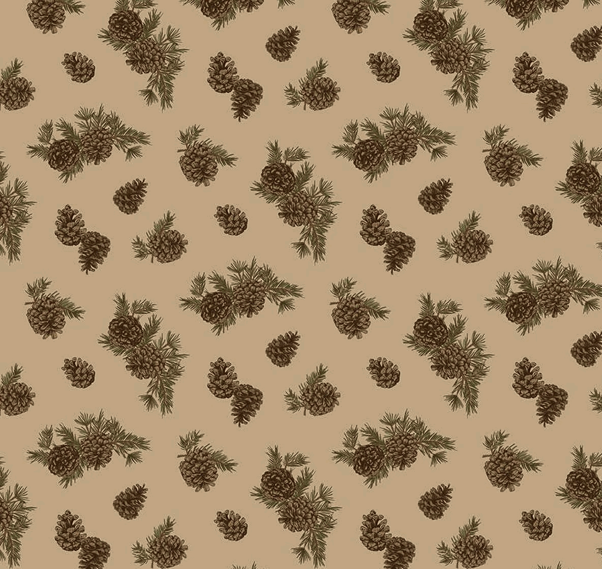 Pine Grove Pinecones Tan 100% cotton fabric with scattered pinecones and pine branches on tan background for quilting and decor