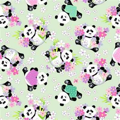 Panda Party Tossed Pandas fabric with playful pandas, florals, and hearts on soft green background by Susy Bleasby for children's quilts