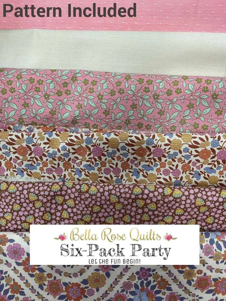 Six colorful fabric half-yard cuts arranged as the Six-Pack Party Bundle for quilting projects