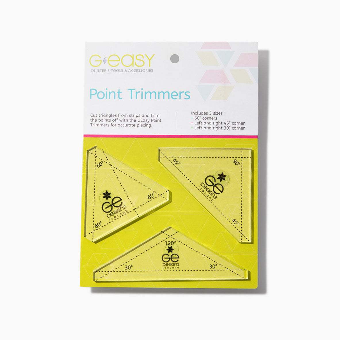 GEasy Point Trimmers GE-1200 cutting triangles from fabric strips for precise quilting pieces