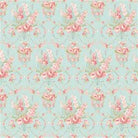Charlotte Damask fabric in turquoise with soft pink floral vintage-inspired design by Clothworks