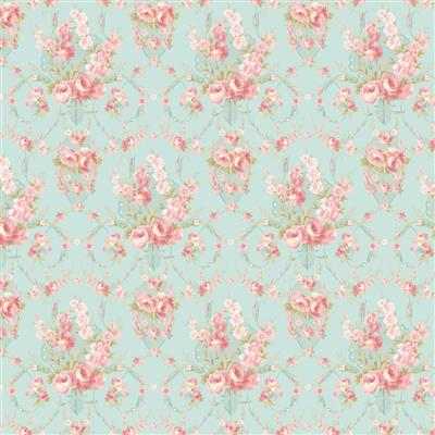 Charlotte Damask fabric in turquoise with soft pink floral vintage-inspired design by Clothworks