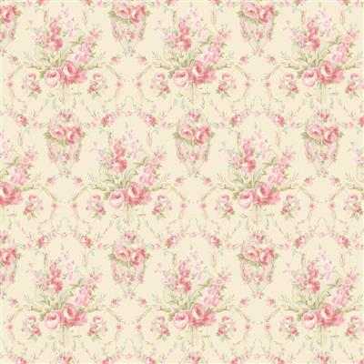 Charlotte Damask cream fabric with soft pink floral vintage-inspired design by Clothworks