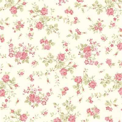 Charlotte Rose Bunches light cream floral fabric with vintage-inspired pink roses and green leaves