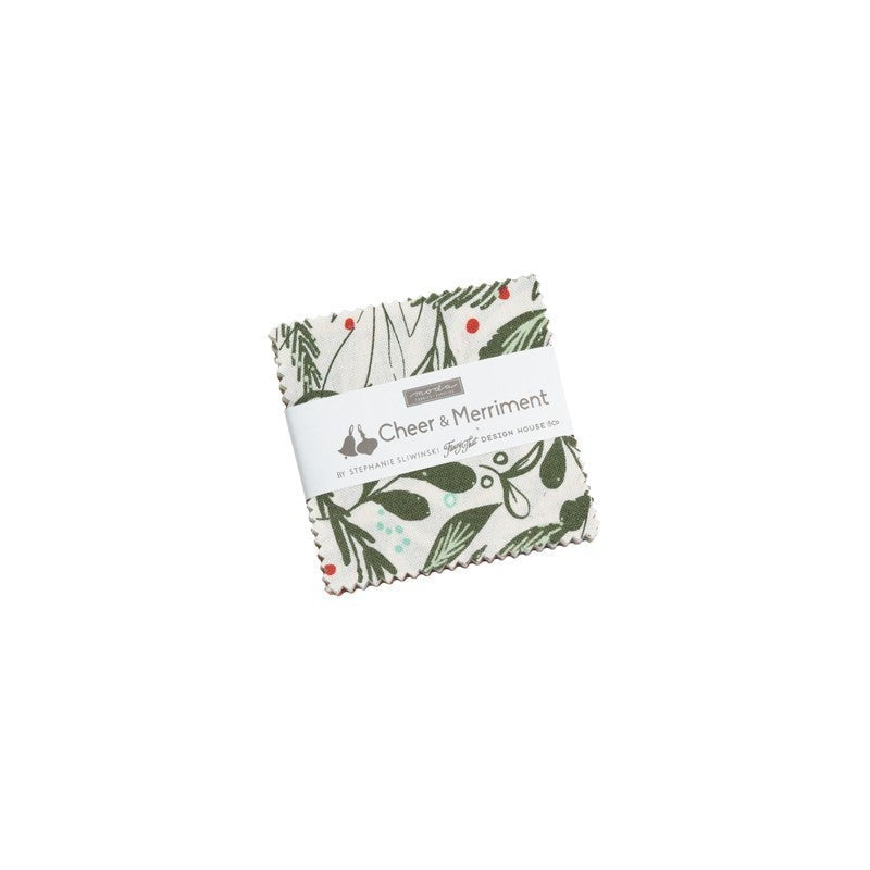 Cheer & Merriment Mini Charm Pack of 42 holiday-themed 2.5x2.5 inch fabric squares with poinsettias, mistletoe, and festive designs